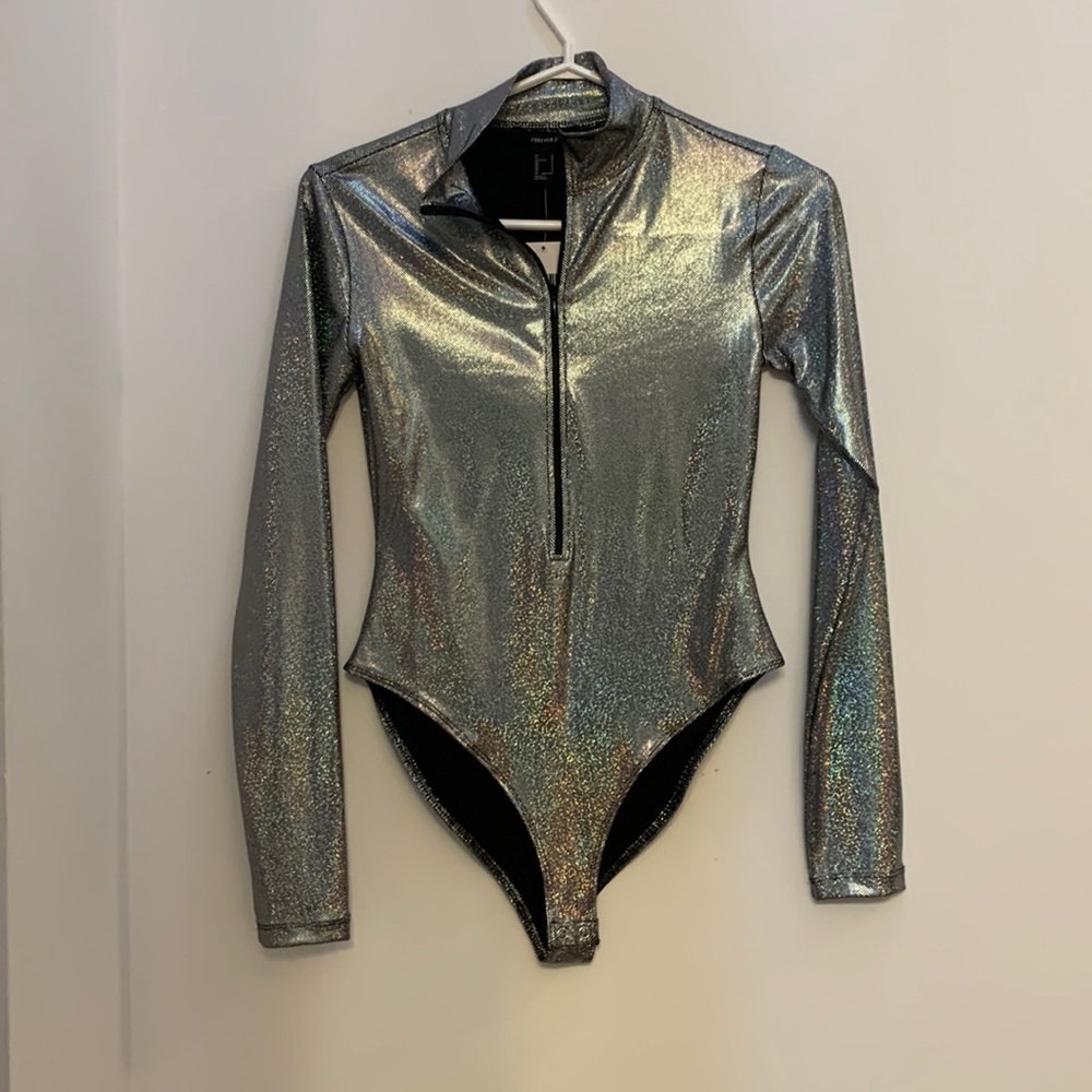 Forever 21 Silver Holographic Long-Sleeve Bodysuit